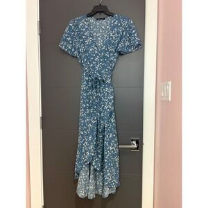 Simplee Womens Blue Floral Wrap Dress Short Sleeve V-Neck High Low Midi XL